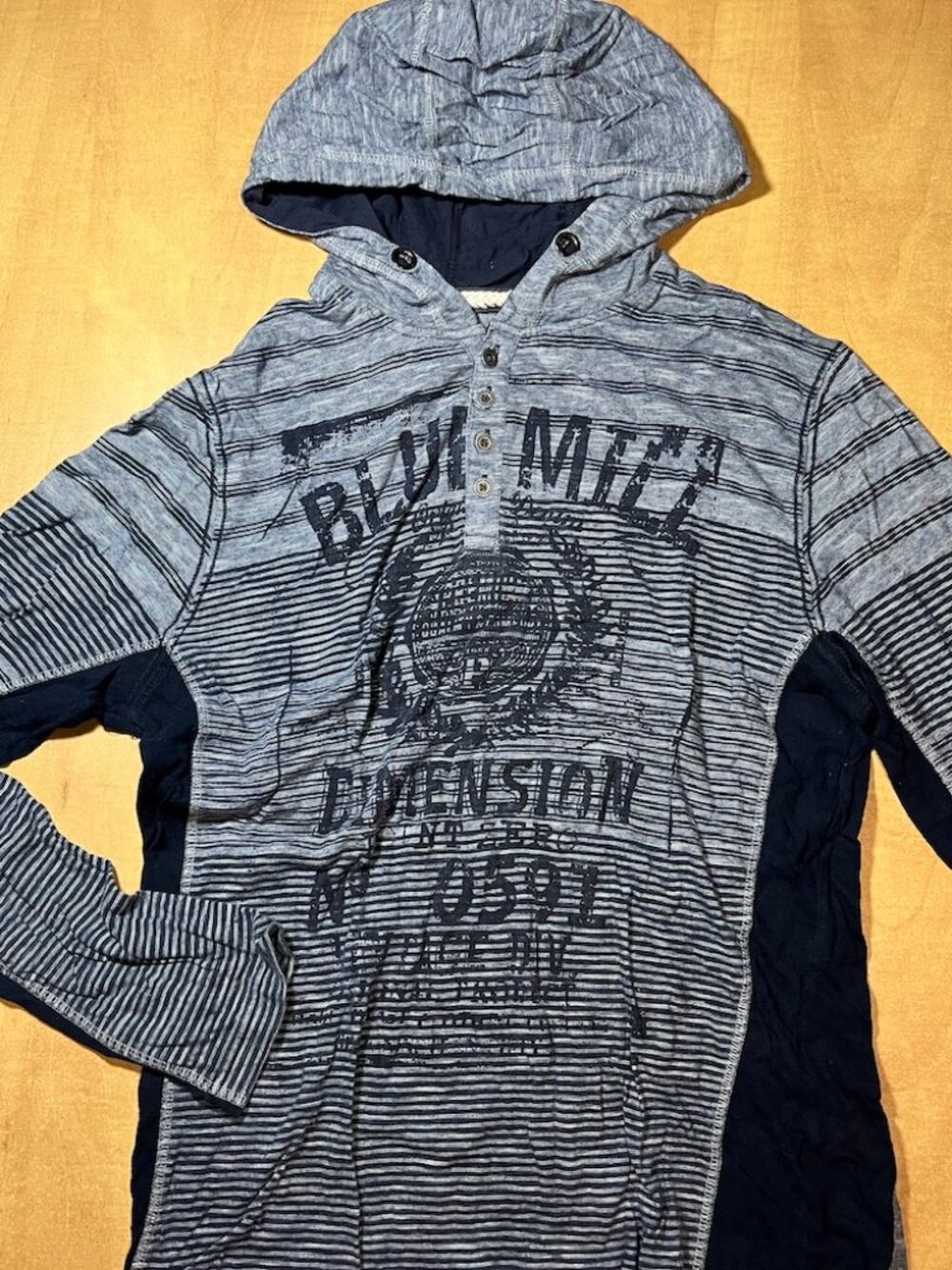 Point Zero Women's Long Sleeve Hooded Henley - Gray Striped with Black Panels